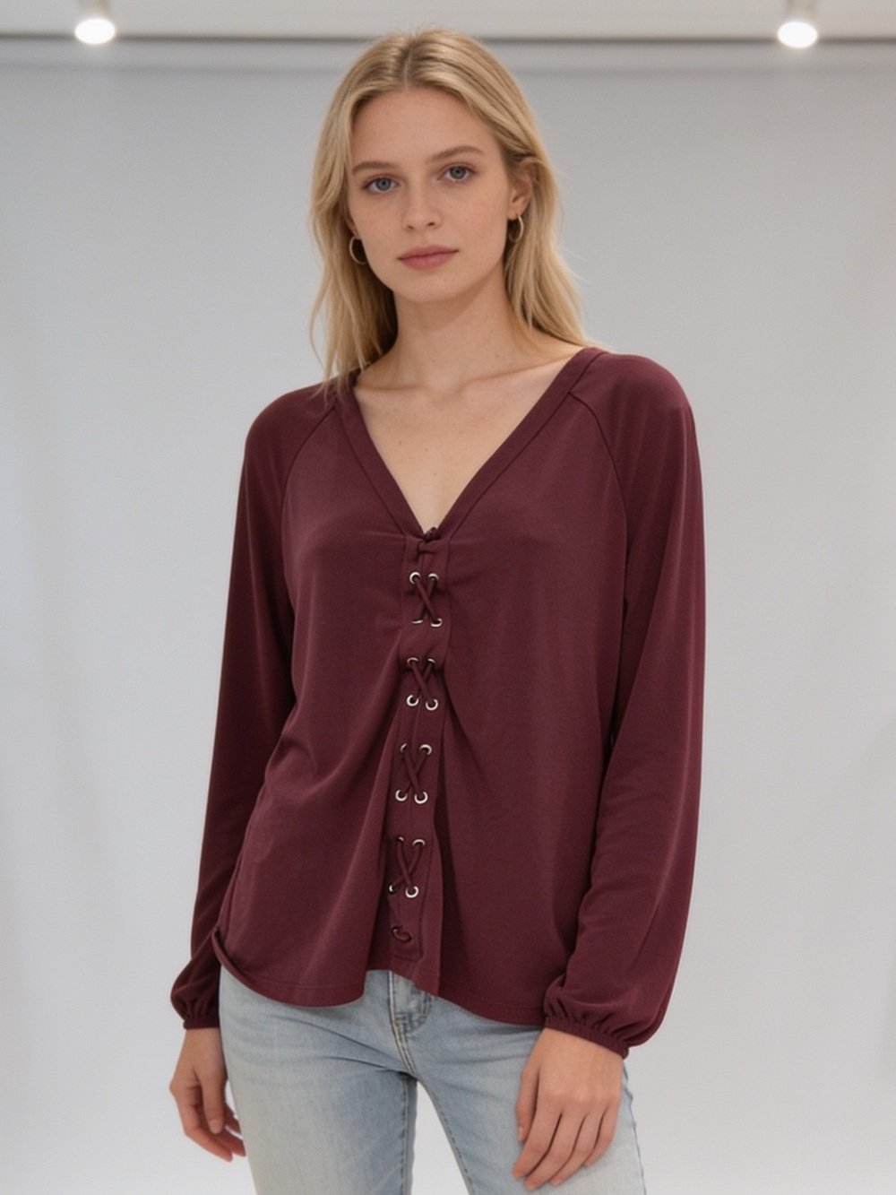 INC International Concepts Burgundy Lace-Up V-Neck Long Sleeve Blouse Small